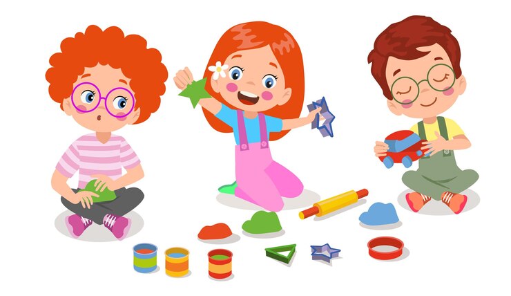 Vector niños pequeños y amigos juegan con plastilina de arcilla de juguete