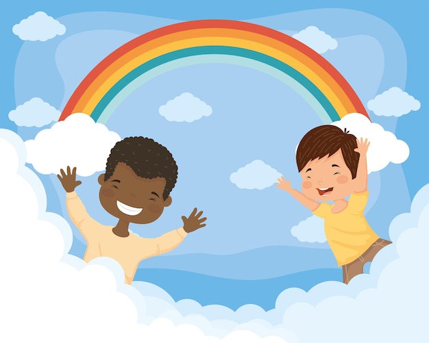 Vector niños pequeños con arco iris