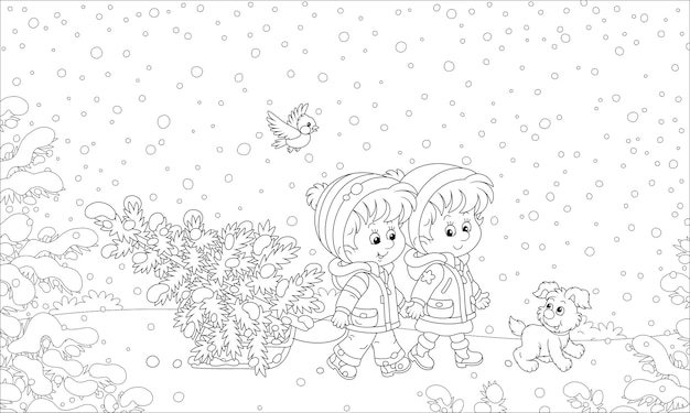 Niños pequeños con un cachorro que lleva un pequeño abeto nevado en su trineo para decorarlo para Navidad