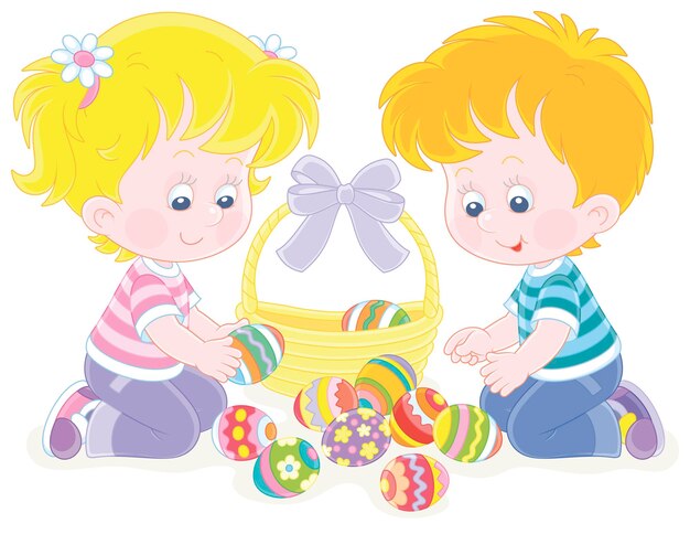 Niños pequeños con una canasta de Pascua