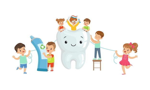Niños pequeños cuidando de la pureza de los dientes cepillándose los dientes con un cepillo de dientes Ilustración vectorial
