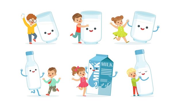 Niños pequeños divirtiéndose con una gran caja de leche con un conjunto vectorial