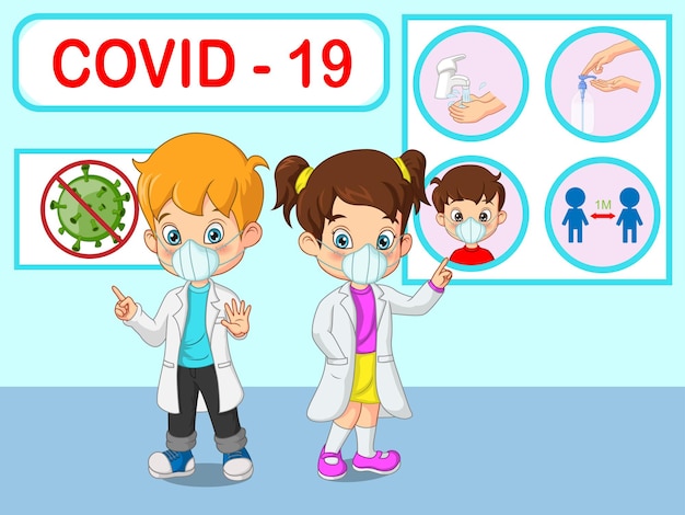 Los niños pequeños del doctor explican las infografías, usan mascarilla, se lavan las manos, usan mascarilla, desinfectante de manos y mantienen el distanciamiento social