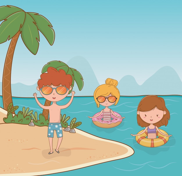 Vector niños pequeños en la escena de la playa