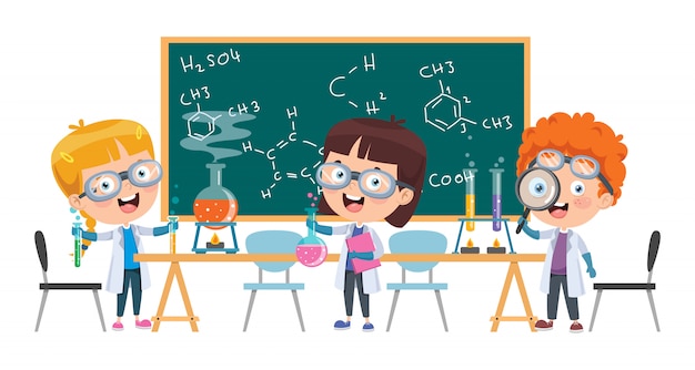 Niños pequeños estudiando clase de química