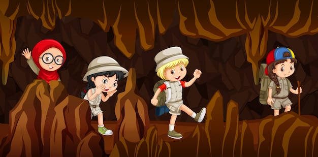 Vector niños pequeños explorando una cueva