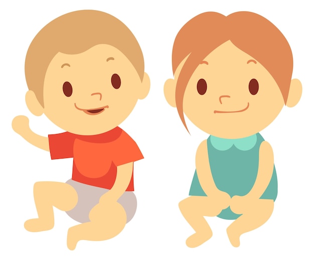 Niños pequeños felices. Niño y niña sentados. bebes de dibujos animados