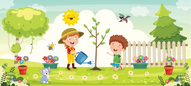 Niños pequeños jardinería y plantación