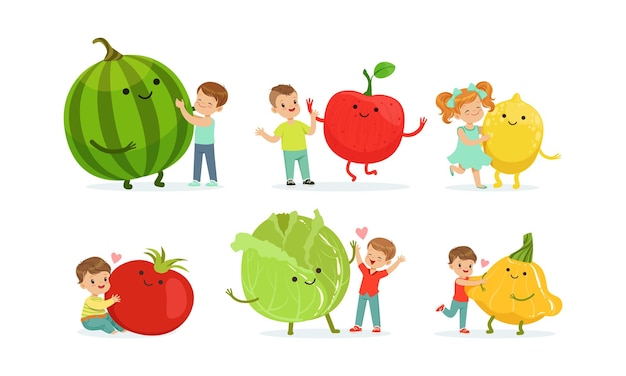 Vector niños pequeños jugando con frutas y verduras grandes conjunto vectorial