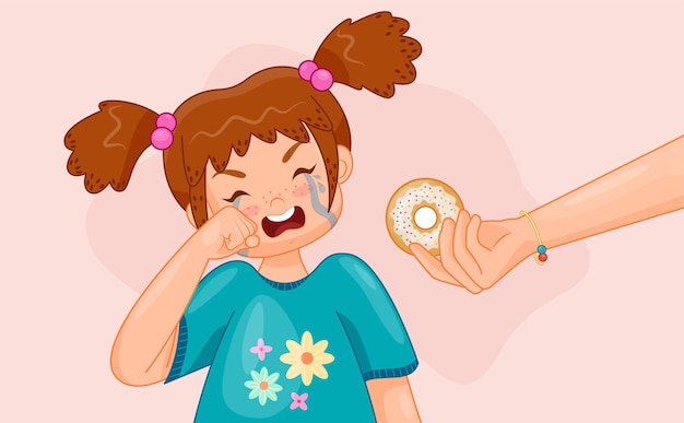 Vector niños pequeños lloran con dulces niña triste con lágrimas cerca de la mano con rosquilla cuidado y apoyo para los niños postre y regalo de manjar ilustración vectorial plana de dibujos animados aislada en fondo rosa