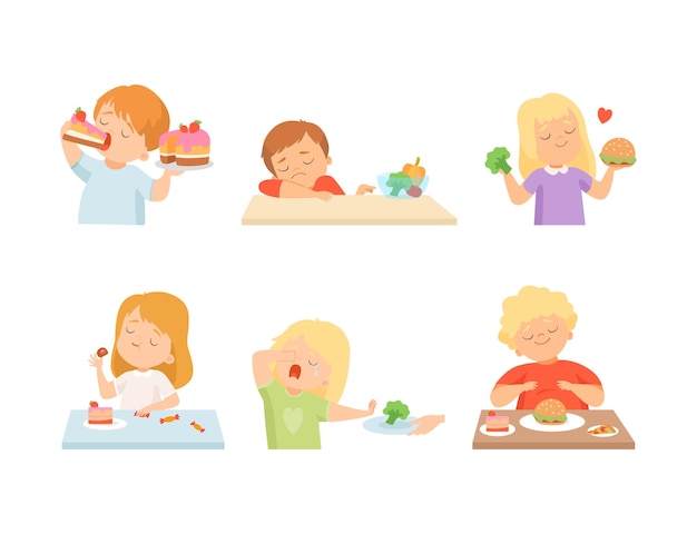 Niños pequeños en la mesa con verduras y dulces mostrando el conjunto vectorial de gustos y disgustos