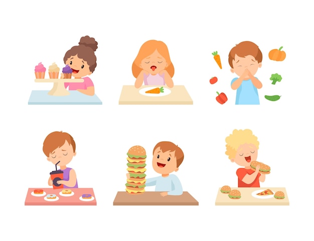 Niños pequeños en la mesa con verduras hamburguesa y dulces mostrando como y asco conjunto vectorial
