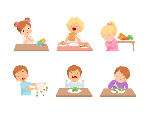 Niños pequeños en la mesa con verduras y sándwiches mostrando el conjunto vectorial de gustos y disgustos