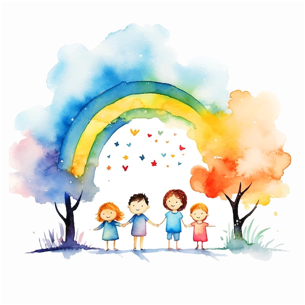 Vector niños pequeños bajo pintura de acuarela de arco iris