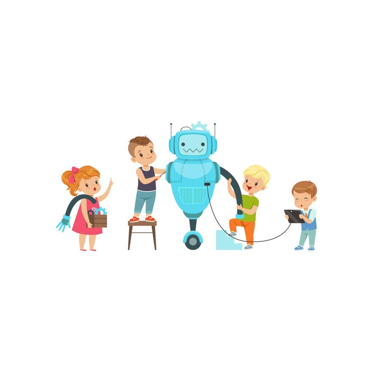 Vector niños pequeños programando y creando vector de concepto de proyecto educativo robot inteligente ilustración aislada sobre fondo blanco