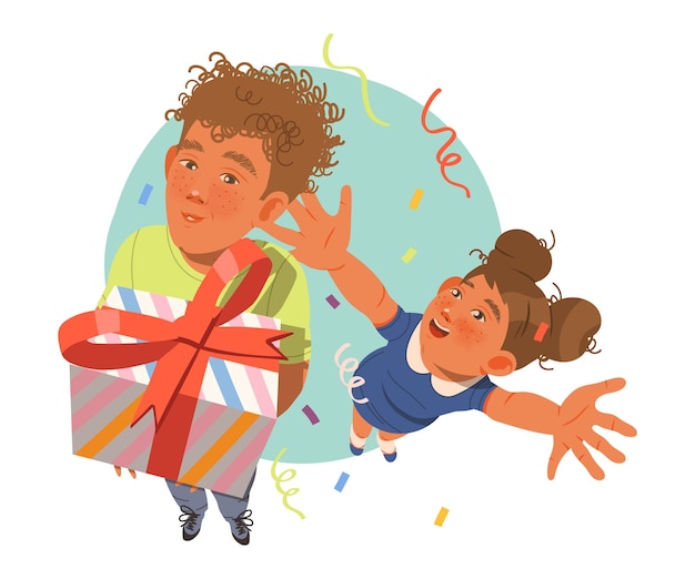 Niños pequeños recibiendo cajas de regalos envueltas celebrando ocasiones especiales como cumpleaños o vacaciones Ilustración vectorial