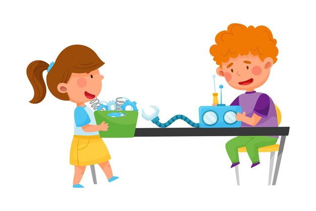Niños pequeños reparando y arreglando la ilustración vectorial del robot