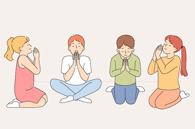 Los niños pequeños rezan de rodillas y piden a dios juguetes o buenas notas en los exámenes escolares