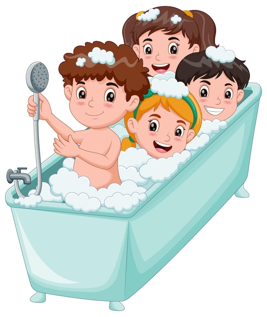 Niños pequeños toman un baño en la bañera Ilustración vectorial