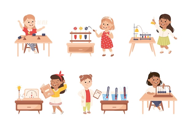 Niños pequeños trabajando en un conjunto de vectores de experimentos de ciencia física