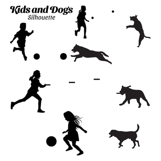 Niños y perros jugando silueta vector ilustración