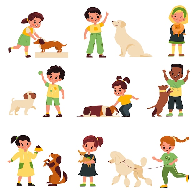 Niños con perros Niños con diferentes razas de perros caniche y labrador pug y dachshund pequeños dueños de mascotas niños y niñas jugando alimentación y cuidado con animales vector conjunto de dibujos animados