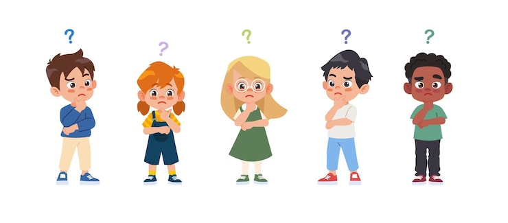 Vector los niños piensan y se preguntan los niños hacen preguntas y signos de interrogación