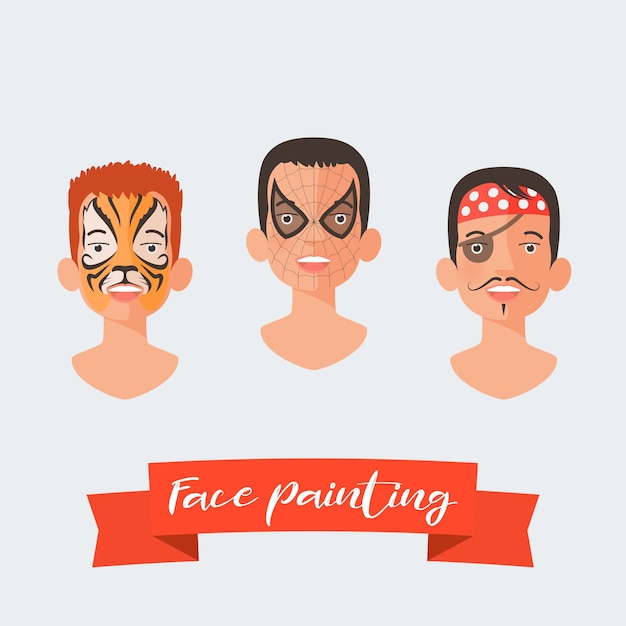 Los niños pintan la cara conjunto de ilustraciones vectoriales. caras con diferentes héroes pintados para fiesta infantil. maquillaje de tigre, araña, pirata