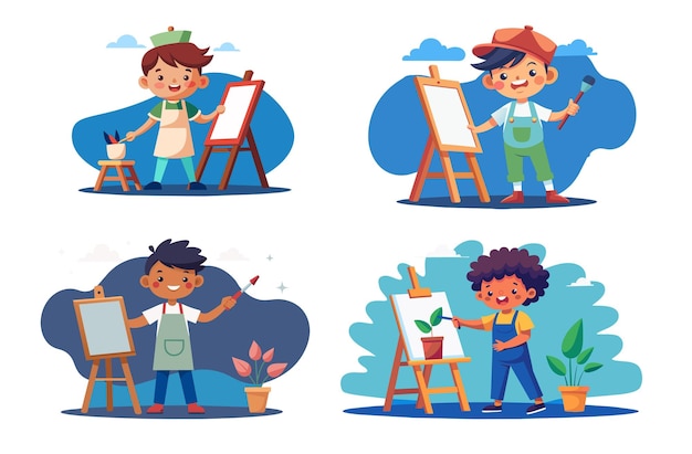 Niños pintando y dibujando en clase de arte conjunto de ilustraciones vectoriales para niños creativos