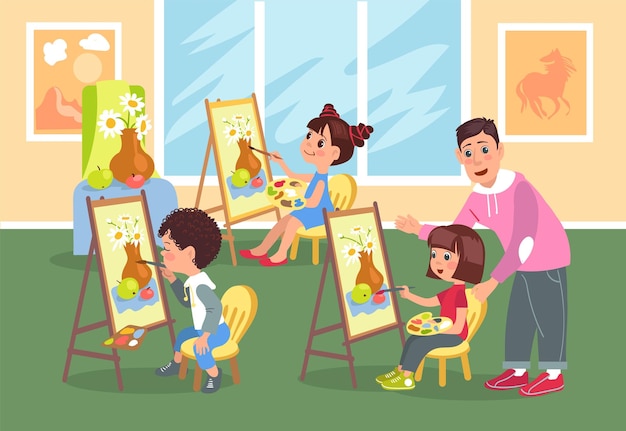 Niños pintando con el maestro Pequeños estudiantes en clase de arte Niños sentados en caballetes Niños y niñas dibujando con pinturas Artistas jóvenes Lección de creatividad Espléndido concepto vectorial