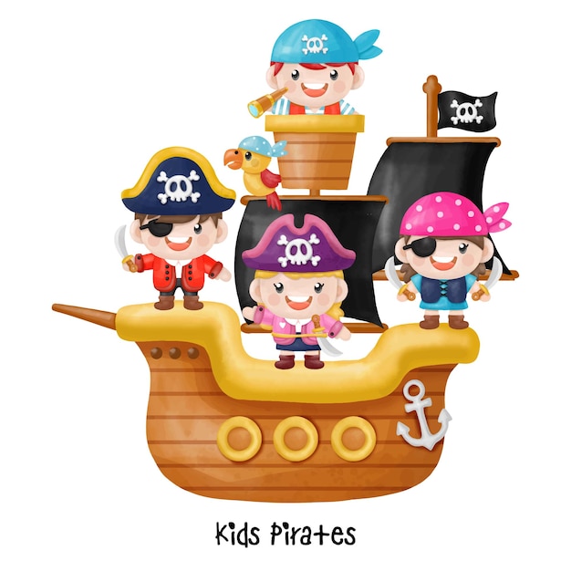 Niños, pirata, capitán, y, marinero, caracteres, acuarela Clipart