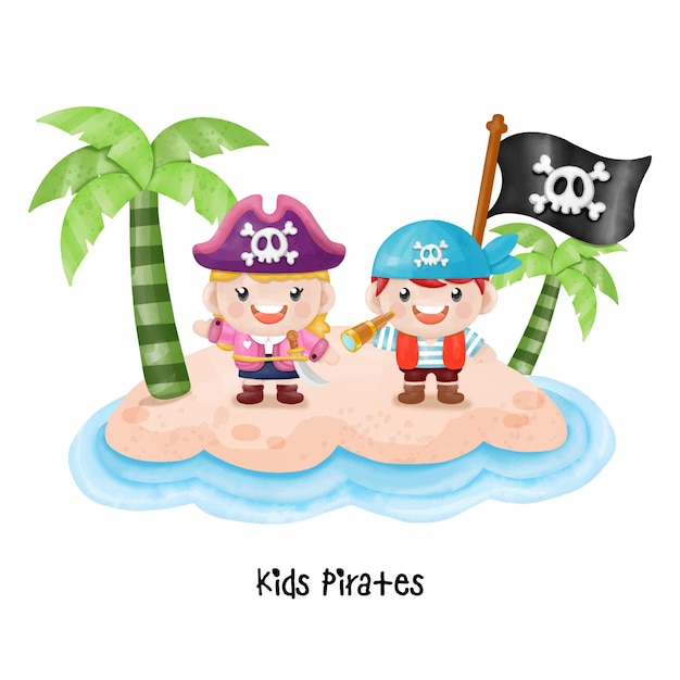 Niños, pirata, capitán, y, marinero, caracteres, acuarela Clipart