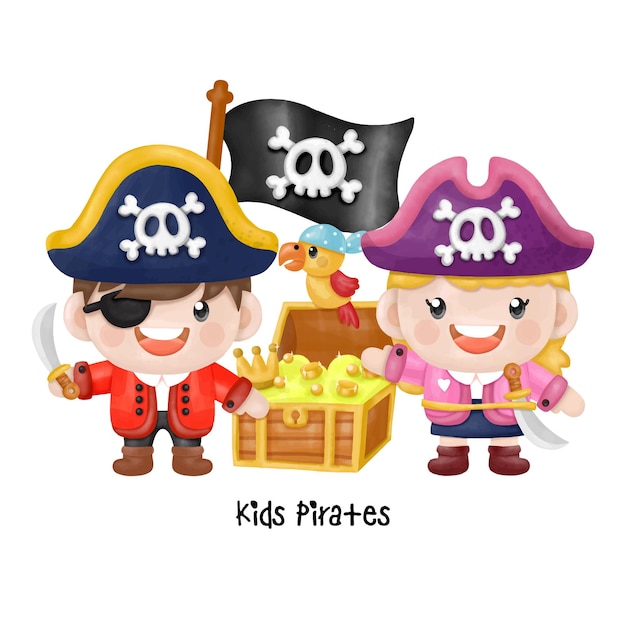 Niños, pirata, capitán, y, marinero, caracteres, acuarela clipart