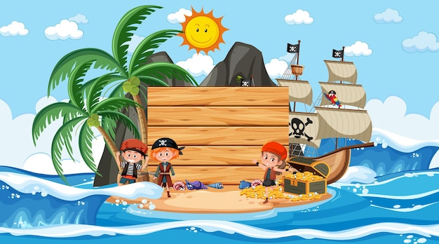 Niños piratas en la escena diurna de la playa con una plantilla de banner vacía