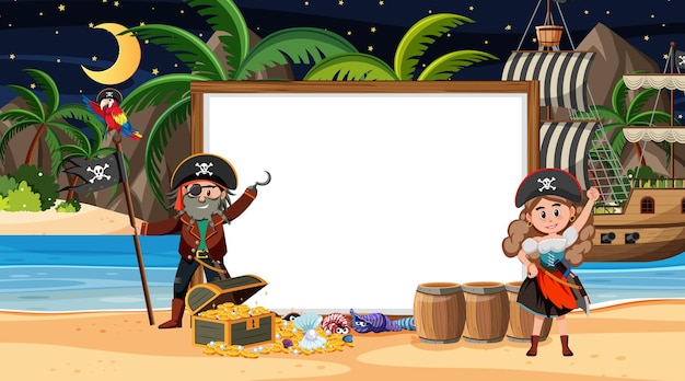 Niños piratas en la escena nocturna de la playa con una plantilla de banner vacía