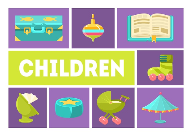 Niños Plantilla de banner Niños Juguetes y accesorios Elementos de diseño Ilustración vectorial Estilo plano