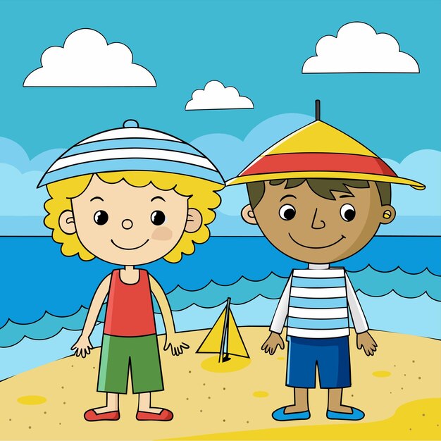 Vector niños en la playa arena juego de sillas paisaje vacaciones de verano descansos sillas sombrillas