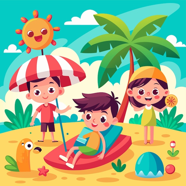 Vector niños en la playa arena juego de sillas paisaje vacaciones de verano descansos sillas sombrillas