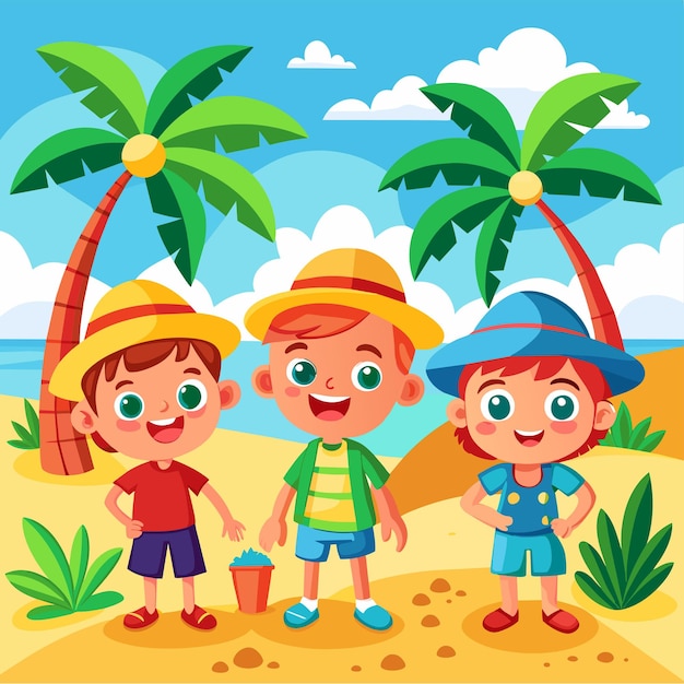 Vector niños en la playa arena juego de sillas paisaje vacaciones de verano descansos sillas sombrillas