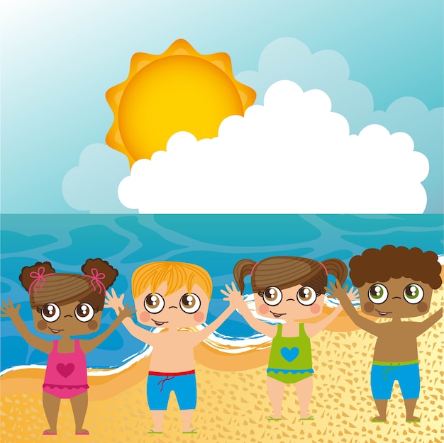 Niños en la playa con cielo y sol