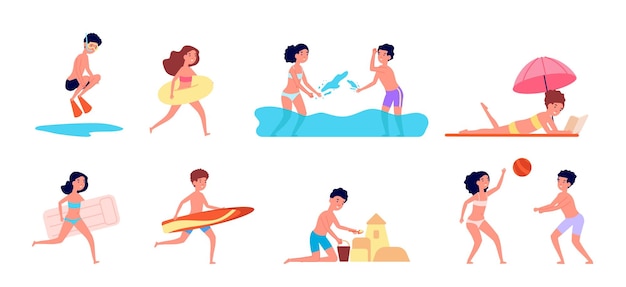 Niños en la playa Niños de vacaciones de verano jugando al agua y nadando Viajes de niños en el mar niño hace castillos de arena Temporada de vacaciones conjunto de vectores completos