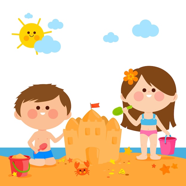 Niños en la playa soleada jugando en la arena construyendo un castillo de arena Niños en el mar en el verano