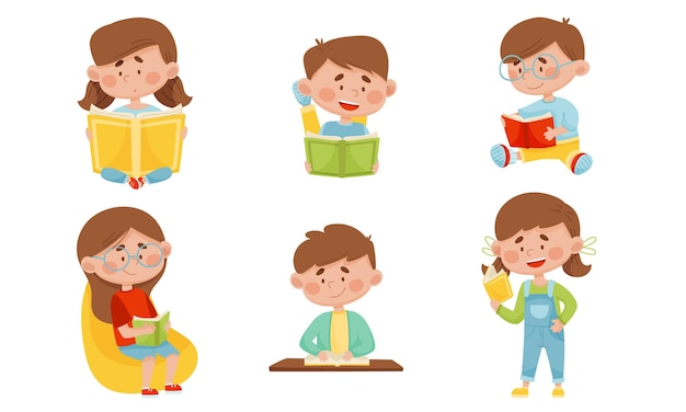 Vector niños en postura sentados y acostados leyendo libros conjunto de ilustraciones vectoriales