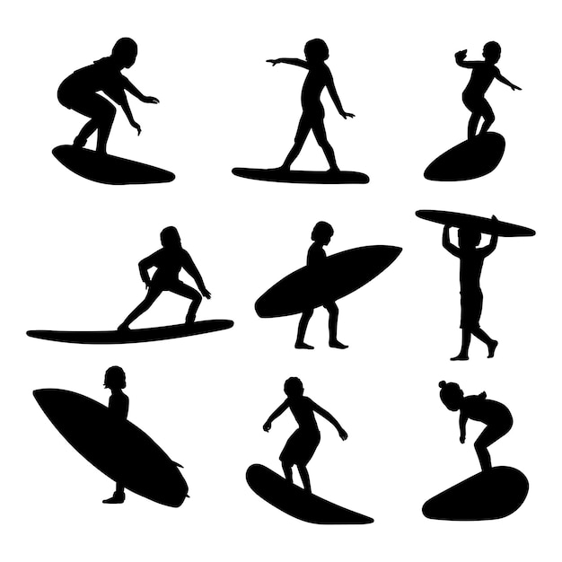 Los niños practican el surf silueta diseño simple