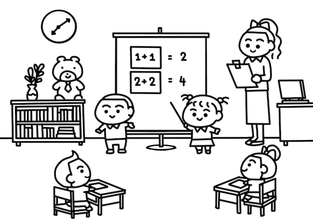 Niños presentando una hoja de trabajo en el salón de clases estilo páginas para colorear