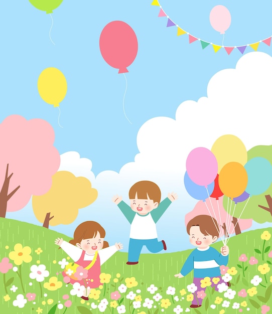 Niños Primavera Personajes Día de los Niños Naturaleza Flores Vectores Ilustraciones de primavera Outdoo