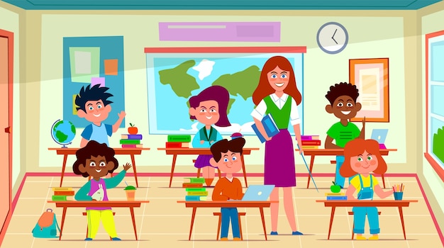 Niños y profesor en el aula. El pedagogo de la escuela enseña la lección al grupo de alumnos en el interior de la clase. Educación, caricatura, feliz, mirar, escolares, concepto