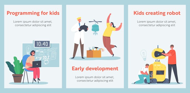 Vector niños programando y creando robots en carteles de dibujos animados de clase. ingeniería para niños, niños aprenden ciencias, actividades mecánicas, educación en clases de desarrollo temprano. ilustración de vector de personas