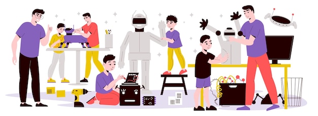 Niños que programan juguetes inteligentes y robótica bajo la dirección de un maestro adulto o una ilustración plana de los padres