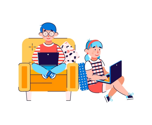 Niños que usan computadoras portátiles para la educación
